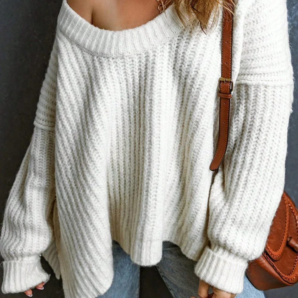 White Casual Womens Solid Drop Shoulder Ribbed Knit Sweater - Picture 5 of 5